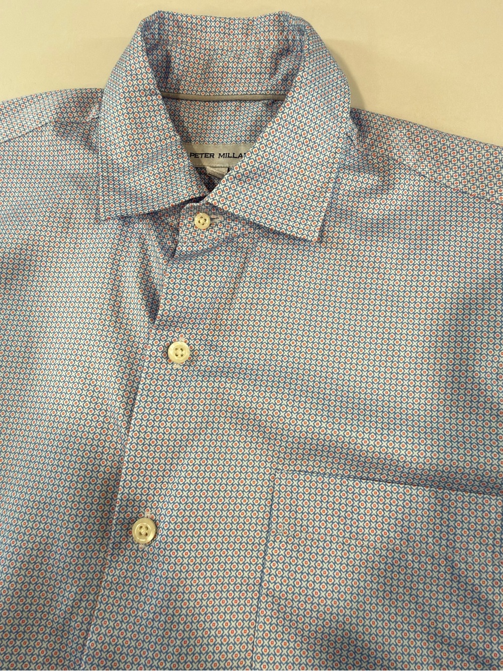 Peter Millar Mens Short Sleeve Button Up Shirt small Geometric white 100% Cotton